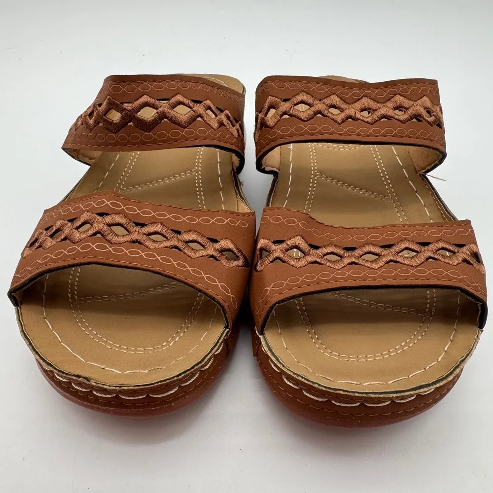Women's Brown‎ Cutout Slide Sandals Comfort Casual Slip On Shoes Size 8